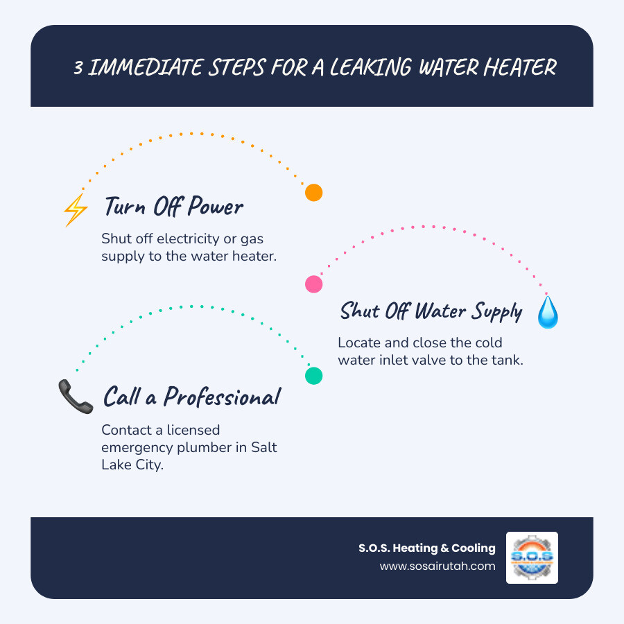Infographic showing three immediate steps: 1. Turn off power supply to water heater, 2. Shut off cold water inlet valve, 3. Call a licensed emergency plumber in Salt Lake City - My hot water heater is leaking. Who are the best emergency plumbers in Salt Lake City?" infographic infographic-line-3-steps-blues-accent_colors