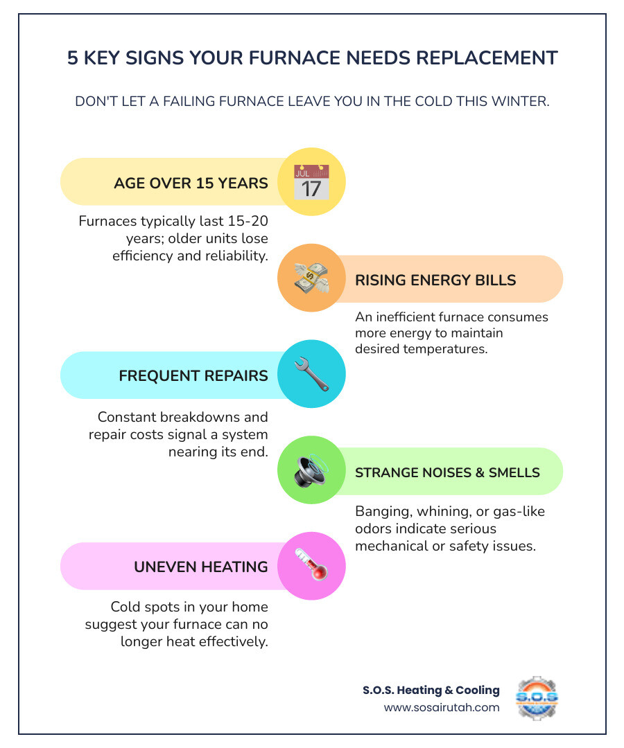 Infographic showing the top 5 signs your furnace needs replacement including age over 15 years, rising energy bills, frequent repairs, strange noises and smells, and uneven heating throughout the home - "What are the top-rated companies for furnace replacement near me in South Jordan?" infographic infographic-line-5-steps-colors