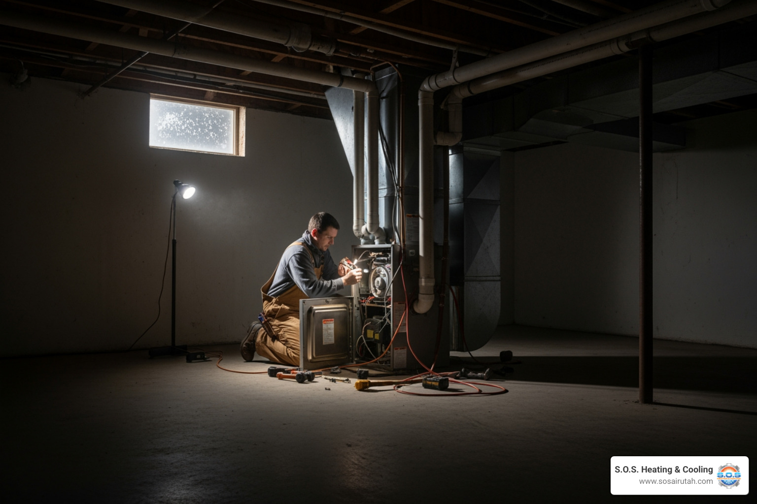 Infographic showing the top 5 signs of a furnace emergency: no heat production, strange burning or gas smells, loud unusual noises like banging or grinding, yellow or flickering pilot light instead of blue, and carbon monoxide detector alarm sounding - emergency furnace repair in bountiful, ut