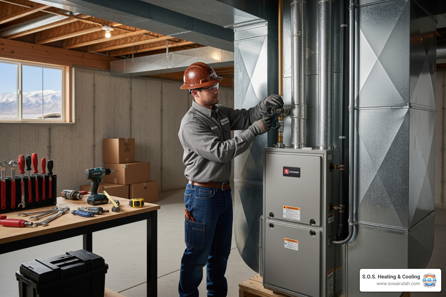 Infographic showing three key benefits of professional heating installation: 1) Lower Energy Bills with a modern high-efficiency furnace, 2) Improved Home Comfort through proper system sizing and even heat distribution eliminating cold spots, and 3) Increased Safety with professional installation ensuring proper ventilation, carbon monoxide prevention, and gas line connections that meet local building codes - best heating installation in bountiful, ut