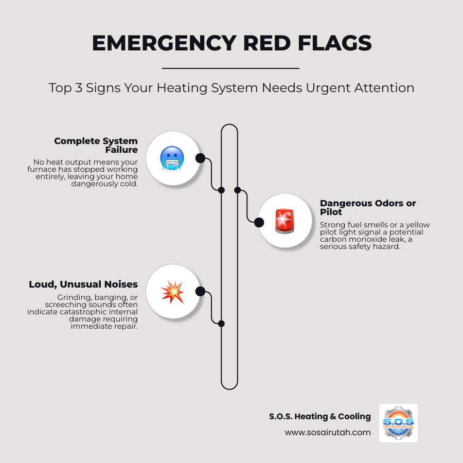 Infographic showing three critical warning signs requiring emergency heating installation: 1) Complete system failure with no heat output, 2) Strong fuel odors or yellow pilot light indicating carbon monoxide risk, 3) Loud grinding or banging noises suggesting catastrophic component failure - emergency heating installation in bountiful, ut infographic infographic-line-3-steps-elegant_beige