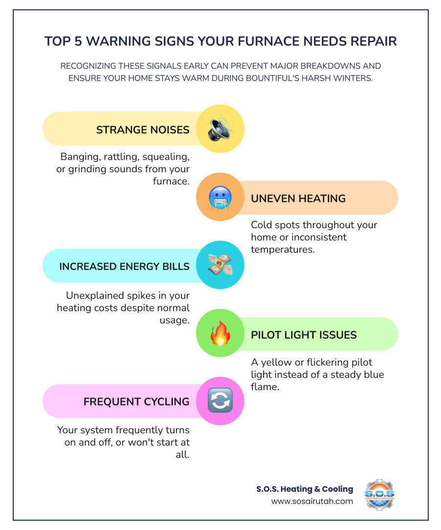 Infographic showing the top 5 warning signs your furnace needs repair: 1. Strange noises like banging, rattling, or squealing. 2. Uneven heating or cold spots throughout your home. 3. Unexplained increases in your energy bills. 4. Yellow or flickering pilot light instead of blue. 5. Frequent cycling on and off or system won't start. - furnace repair service in bountiful, ut infographic infographic-line-5-steps-colors