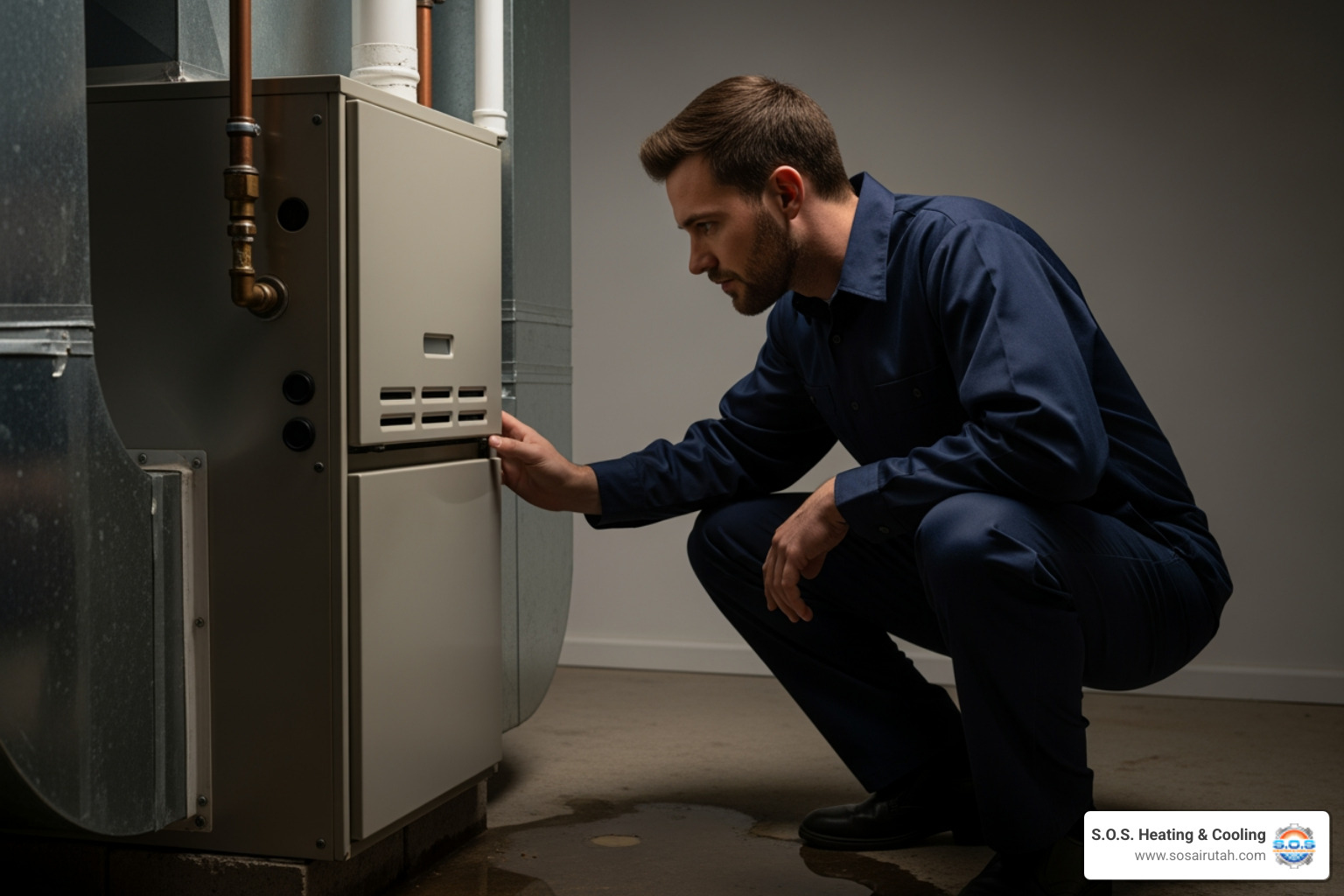 Infographic showing five critical warning signs requiring immediate heating repair: strong fuel odors indicating gas leaks, yellow or flickering pilot light suggesting combustion problems, banging or clanging noises from the furnace, complete system failure with no heat output, and visible water leaks around the heating unit - emergency heating repair in bountiful, ut