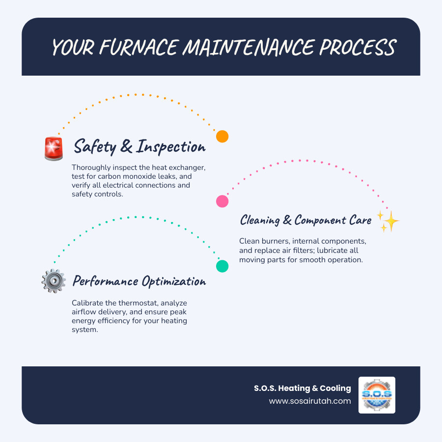 Infographic showing the complete furnace maintenance process including inspection steps like checking heat exchanger safety, cleaning burners and components, replacing air filters, testing carbon monoxide levels, lubricating moving parts, calibrating thermostat, analyzing airflow delivery, and testing electrical connections and safety controls, with icons representing energy savings, extended equipment lifespan, improved safety, and better indoor air quality - furnace maintenance service in sandy, ut infographic Infographic showing the complete furnace maintenance process including inspection steps like checking heat exchanger safety, cleaning burners and components, replacing air filters, testing carbon monoxide levels, lubricating moving parts, calibrating thermostat, analyzing airflow delivery, and testing electrical connections and safety controls, with icons representing energy savings, extended equipment lifespan, improved safety, and better indoor air quality - furnace maintenance service in sandy, ut infographic