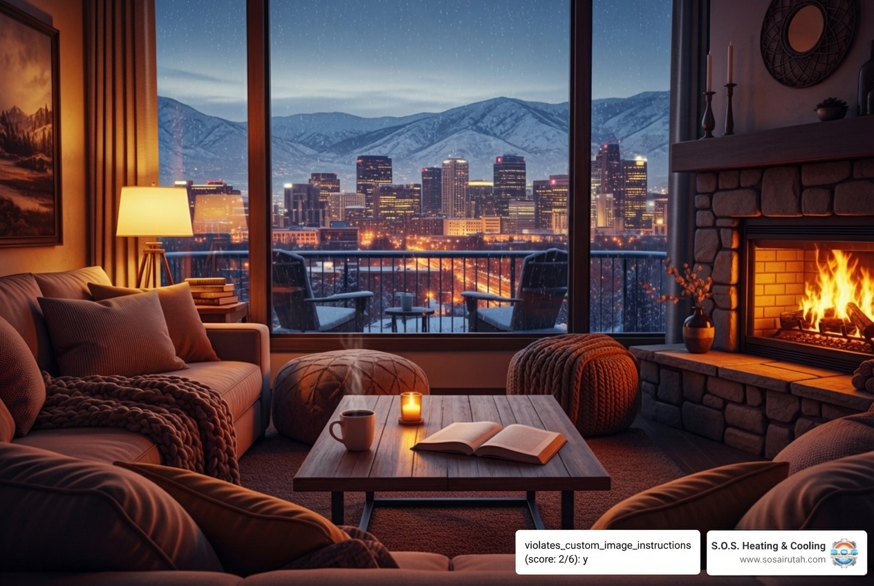 warm, comfortable living room in Salt Lake City with snow outside - 24 hour furnace maintenance in salt lake city, ut