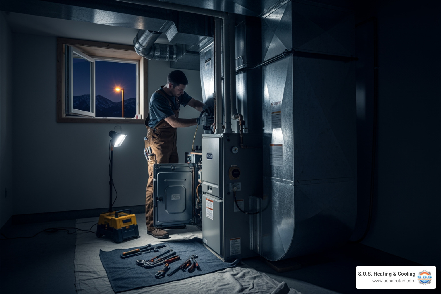 Infographic showing when to call for emergency furnace service: immediate response needed for gas odors, carbon monoxide alarms, no heat in freezing weather, yellow pilot light, loud mechanical noises, electrical issues, and water leaks; routine maintenance recommended for efficiency loss, minor noises, inconsistent heating, and rising energy bills - 24 hour furnace maintenance in salt lake city, ut