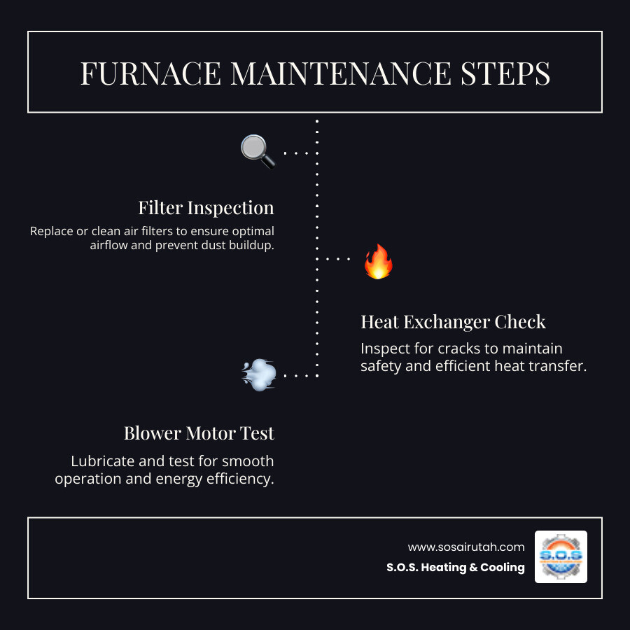 infographic showing the step-by-step process of professional furnace maintenance including filter inspection, heat exchanger examination, blower motor testing, electrical connection checks, thermostat calibration, gas pressure measurement, and burner cleaning, with icons representing improved efficiency, lower energy bills, extended lifespan, and enhanced safety - furnace maintenance in woods cross ut infographic infographic-line-3-steps-dark