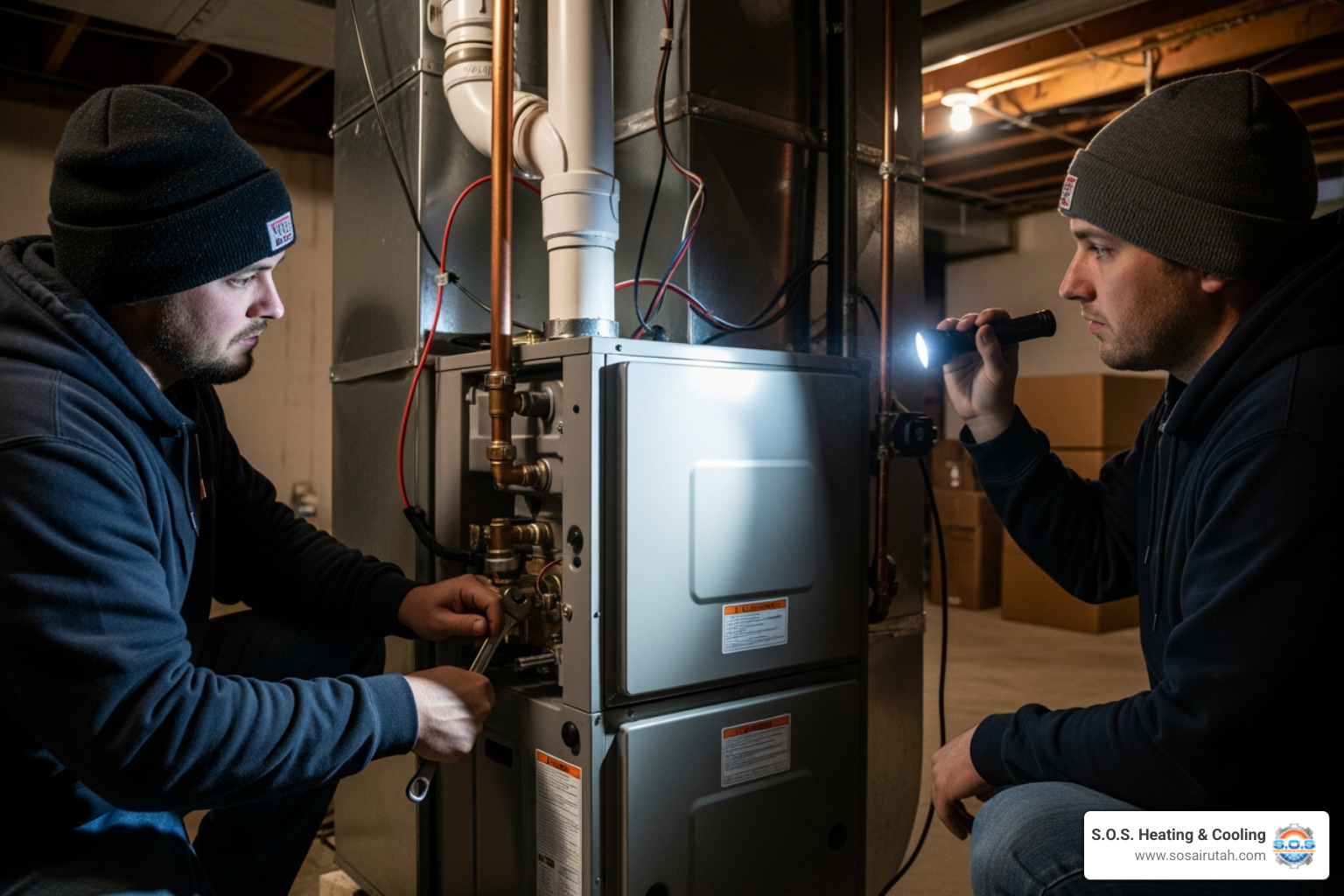 Infographic showing the top 5 signs your furnace needs emergency replacement: 1) Furnace is 15-20+ years old and showing frequent problems, 2) Yellow pilot light indicating potential carbon monoxide leak, 3) Cracked heat exchanger posing safety risks, 4) Loud banging or rattling noises from the unit, 5) Complete system failure with no heat output despite troubleshooting - emergency furnace installation in sandy, ut Infographic showing the top 5 signs your furnace needs emergency replacement: 1) Furnace is 15-20+ years old and showing frequent problems, 2) Yellow pilot light indicating potential carbon monoxide leak, 3) Cracked heat exchanger posing safety risks, 4) Loud banging or rattling noises from the unit, 5) Complete system failure with no heat output despite troubleshooting - emergency furnace installation in sandy, ut