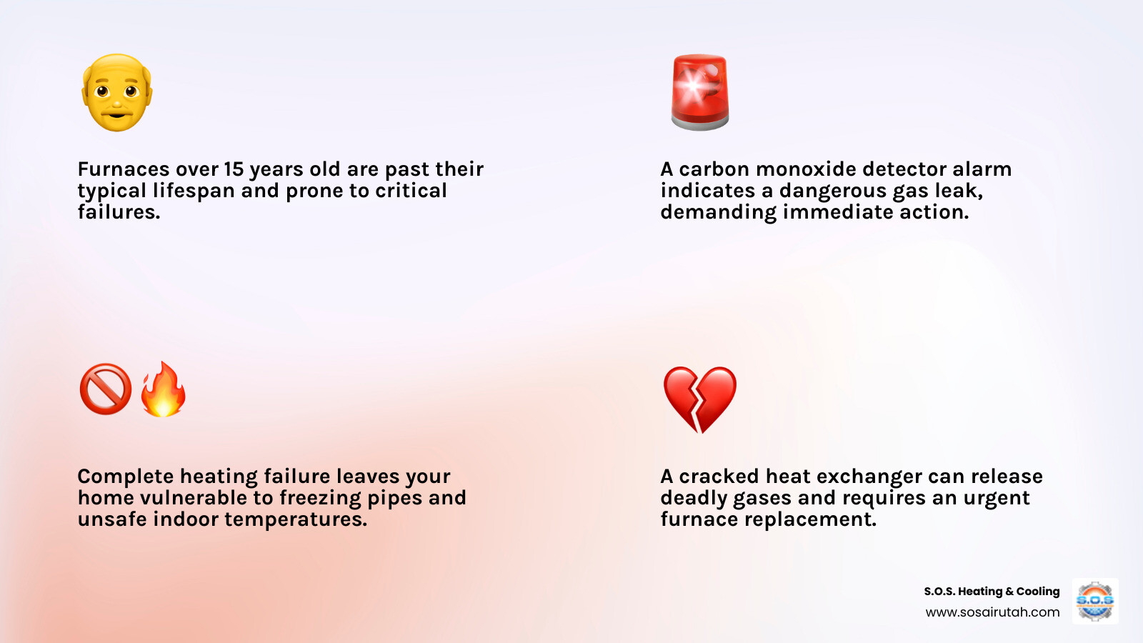 Infographic showing critical furnace replacement indicators: system age over 15 years, complete heating failure, carbon monoxide alarm activation, cracked heat exchanger, frequent breakdowns requiring costly repairs, yellow pilot light flame indicating carbon monoxide, and indoor temperature dropping despite thermostat settings - 24 hour furnace installation in south jordan, ut infographic 4_facts_emoji_light-gradient