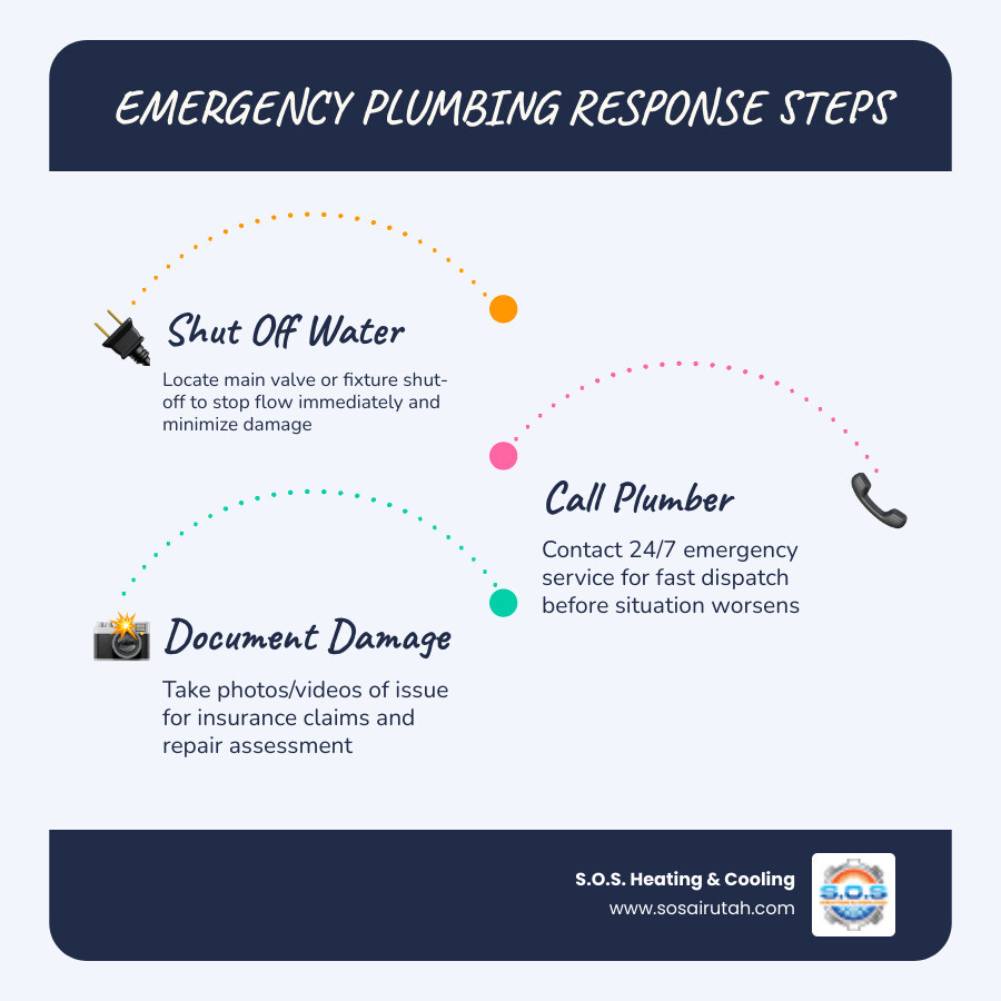 Infographic showing emergency plumbing response steps for Sandy UT homeowners including shut-off, call, document - "Who