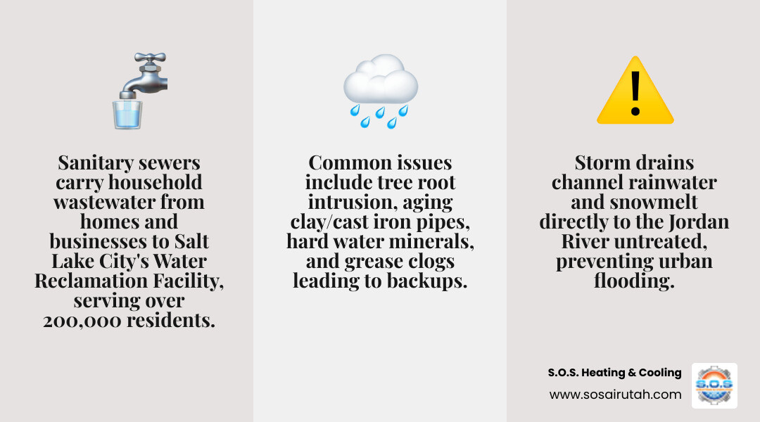 Infographic showing the difference between sanitary sewers and storm drains in Salt Lake City, with flow paths and key facts Infographic showing the difference between sanitary sewers and storm drains in Salt Lake City, with flow paths and key facts
