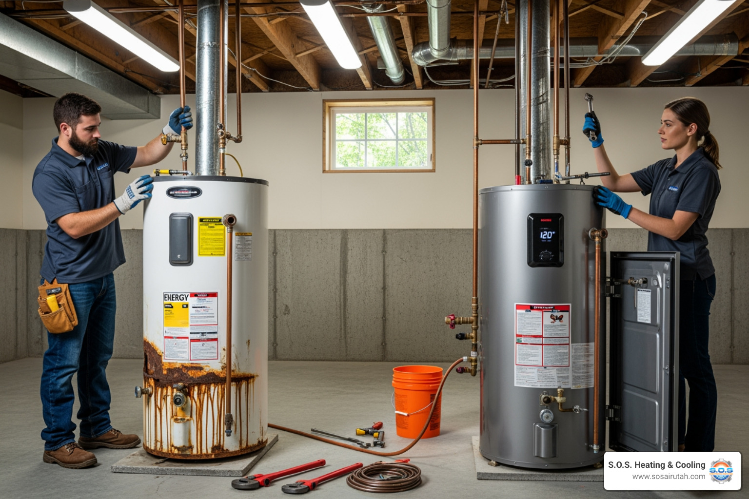 Infographic showing the top 5 signs a water heater needs replacement: age over 8-12 years for tank models, inconsistent water temperature, visible leaks or pooling water, rusty or discolored water, and strange noises like banging or rumbling - water heater replacement in centerville ut Infographic showing the top 5 signs a water heater needs replacement: age over 8-12 years for tank models, inconsistent water temperature, visible leaks or pooling water, rusty or discolored water, and strange noises like banging or rumbling - water heater replacement in centerville ut