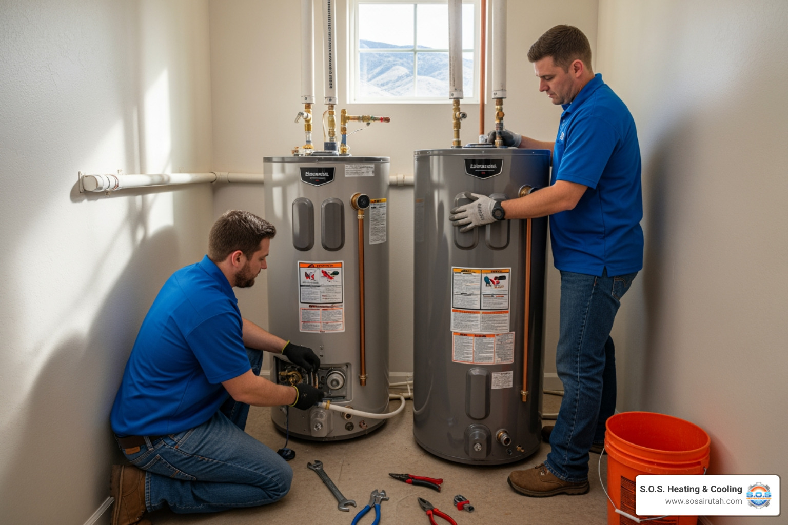 infographic showing five critical warning signs your water heater is failing: pooling water around the base, inconsistent water temperature, loud rumbling or banging sounds, rusty or discolored water from taps, and a unit that is 8-12 years old or older - emergency water heater replacement in centerville, ut