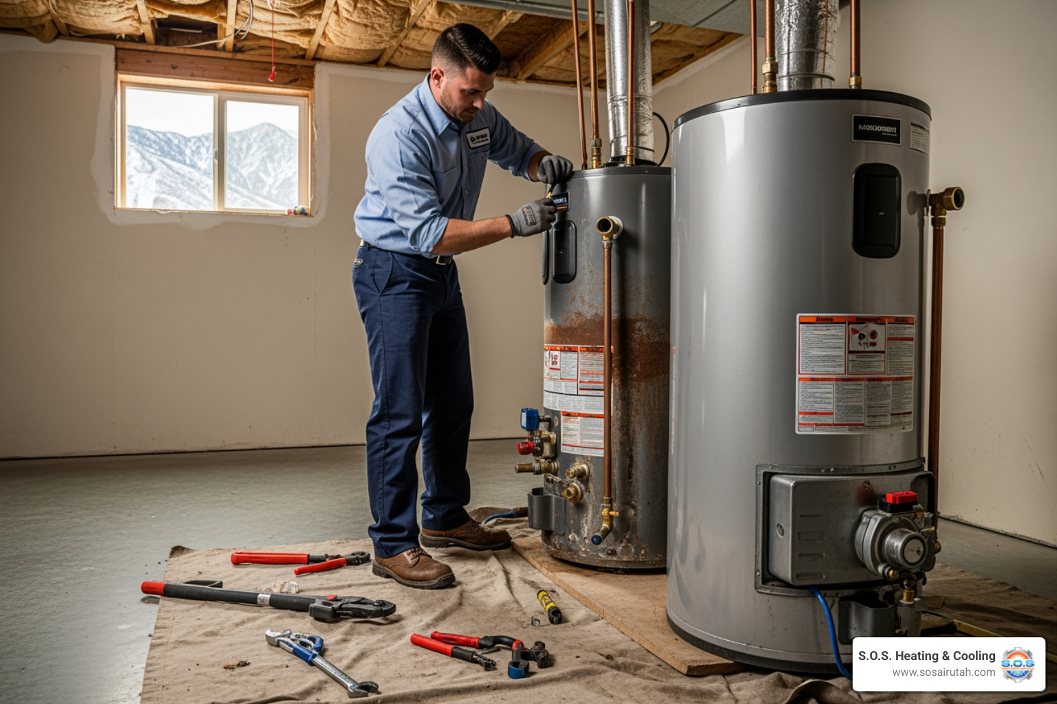 Infographic showing the 5 critical warning signs of water heater failure: major leaks or pooling water, no hot water production, unit age over 10-12 years for tank models, persistent banging or rumbling noises, and rusty or discolored hot water - emergency water heater replacement in salt lake city, ut