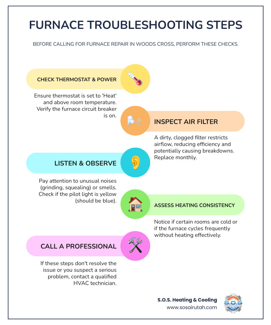 Infographic showing furnace troubleshooting steps: check thermostat settings, inspect air filter, verify power supply, listen for unusual sounds, check pilot light color, assess heating consistency across rooms, and when to call a professional for the best furnace repair in Woods Cross UT - best furnace repair in woods cross, ut infographic infographic-line-5-steps-colors