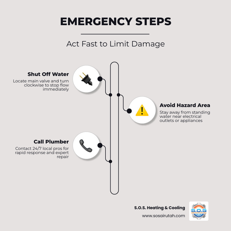 Infographic showing immediate steps for plumbing emergencies in Holladay UT including shut-off, safety, and calling a