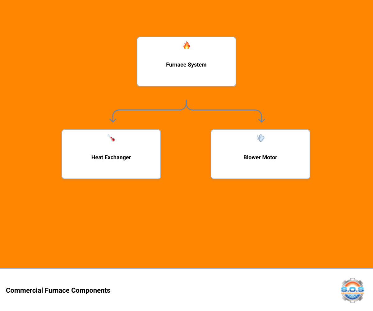 infographic showing commercial furnace components including heat exchanger, blower motor, gas valve, ignition system, thermostat connection, air filter location, and airflow direction through ductwork serving multiple zones - commercial furnace repair in bountiful, ut infographic hierarchy