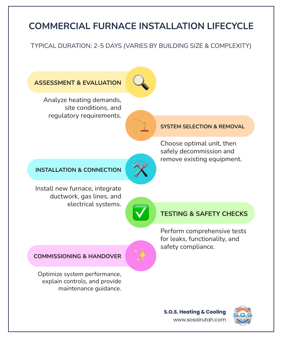 infographic showing commercial furnace installation timeline from initial assessment through site evaluation, system selection, equipment removal, new unit installation, ductwork integration, safety testing, and final commissioning with typical duration of 2-5 days depending on building size and complexity - commercial furnace installation in woods cross, ut infographic infographic-line-5-steps-colors