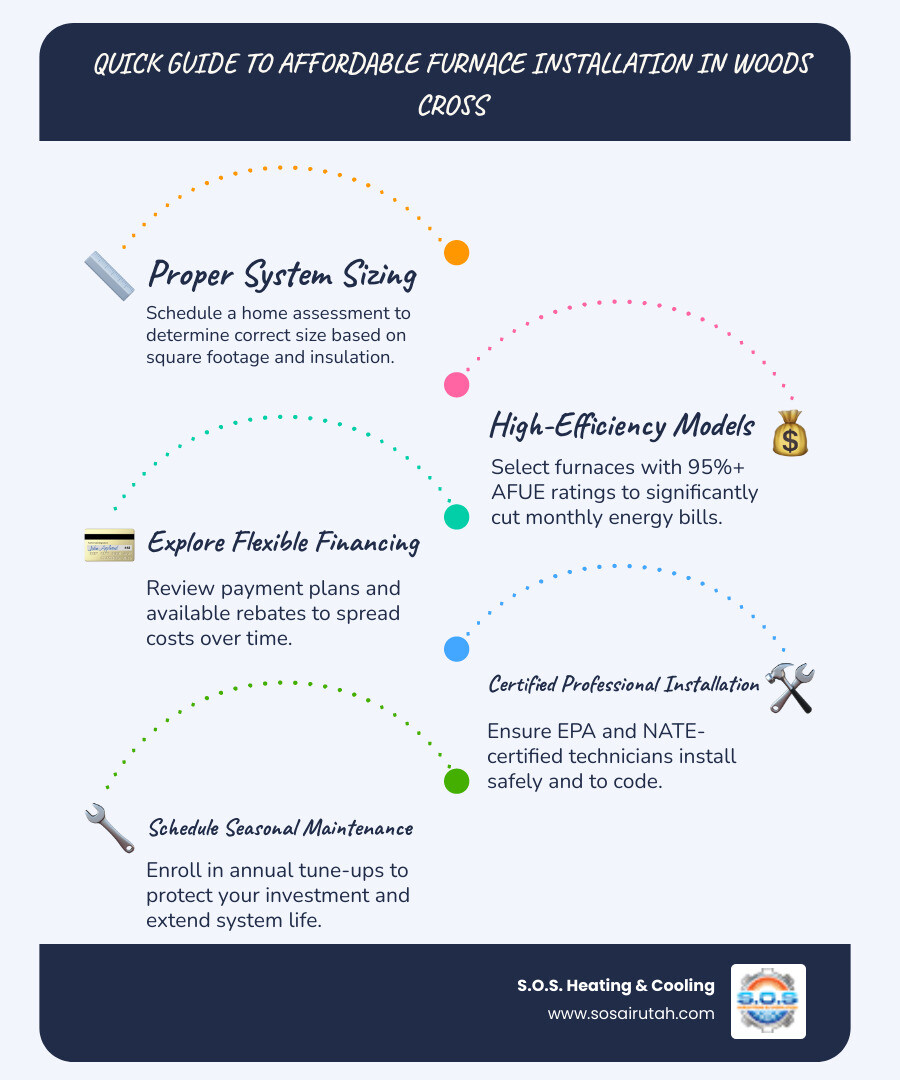 Infographic showing the key steps to affordable furnace installation: 1) Schedule a home assessment to determine proper system size based on square footage and insulation, 2) Select an energy-efficient furnace with high AFUE rating to reduce monthly bills, 3) Review flexible financing options and available rebates, 4) Ensure professional installation by EPA-certified technicians following local codes, 5) Enroll in seasonal maintenance plan to extend system lifespan and maintain efficiency - affordable furnace installation in woods cross, ut infographic infographic-line-5-steps-blues-accent_colors Infographic showing the key steps to affordable furnace installation: 1) Schedule a home assessment to determine proper system size based on square footage and insulation, 2) Select an energy-efficient furnace with high AFUE rating to reduce monthly bills, 3) Review flexible financing options and available rebates, 4) Ensure professional installation by EPA-certified technicians following local codes, 5) Enroll in seasonal maintenance plan to extend system lifespan and maintain efficiency - affordable furnace installation in woods cross, ut infographic infographic-line-5-steps-blues-accent_colors