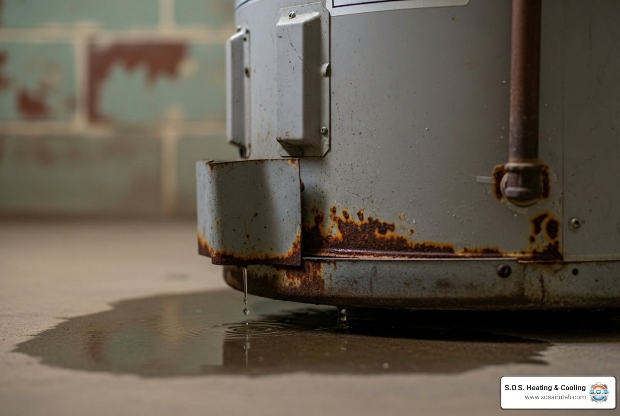 Infographic showing the top 5 signs your water heater is failing: 1) Age over 10 years, 2) Rusty or discolored water, 3) Strange rumbling or popping noises, 4) Visible leaks or pooling water around the base, 5) Inconsistent hot water or rising energy bills - residential water heater replacement in centerville, ut