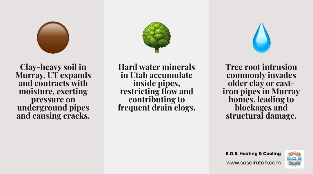 infographic showing common causes of drain blockages in Utah homes including clay soil root intrusion hard water and grease