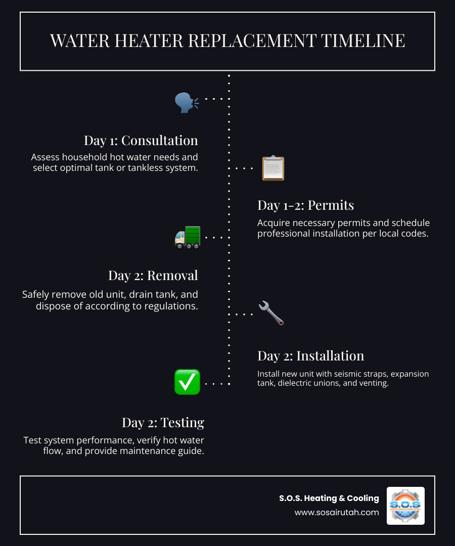 Infographic showing water heater replacement timeline: Day 1 - Initial consultation and system selection based on household size and hot water demand; Day 1-2 - Permit acquisition and scheduling; Day 2 - Safe removal of old unit and disposal; Day 2 - Professional installation including seismic straps, expansion tanks, dielectric unions, and proper venting; Day 2 - System testing and performance verification; Day 3+ - Post-installation support and maintenance guidance - water heater replacement in south salt lake ut infographic infographic-line-5-steps-dark