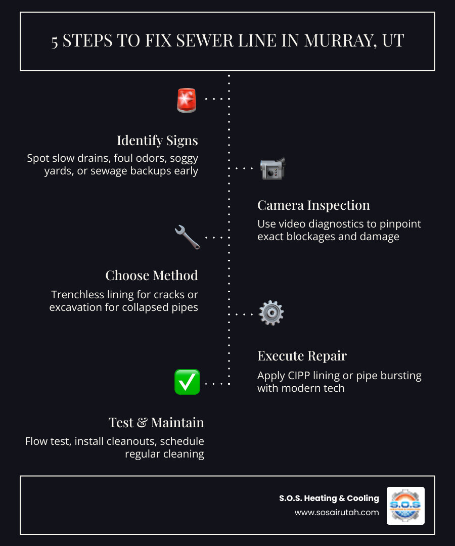 Infographic showing 5 steps to fix a residential sewer line in Murray UT with icons for each stage - fix sewer line in