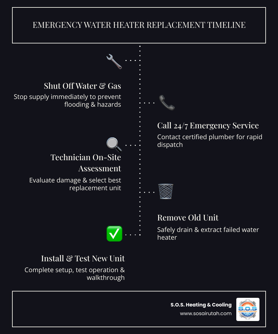 Infographic showing a step-by-step timeline for 24/7 emergency water heater replacement in Riverton UT: Step 1 - Homeowner shuts off water and gas supply; Step 2 - Calls S.O.S. Heating and Cooling 24/7 emergency line; Step 3 - Technician dispatched within 60 minutes; Step 4 - On-site assessment and unit selection; Step 5 - Old unit safely removed; Step 6 - New water heater installed and tested; Step 7 - Post-installation walkthrough with homeowner; total estimated same-day completion timeline shown as a horizontal progress bar - emergency water heater replacement in riverton, ut infographic infographic-line-5-steps-dark