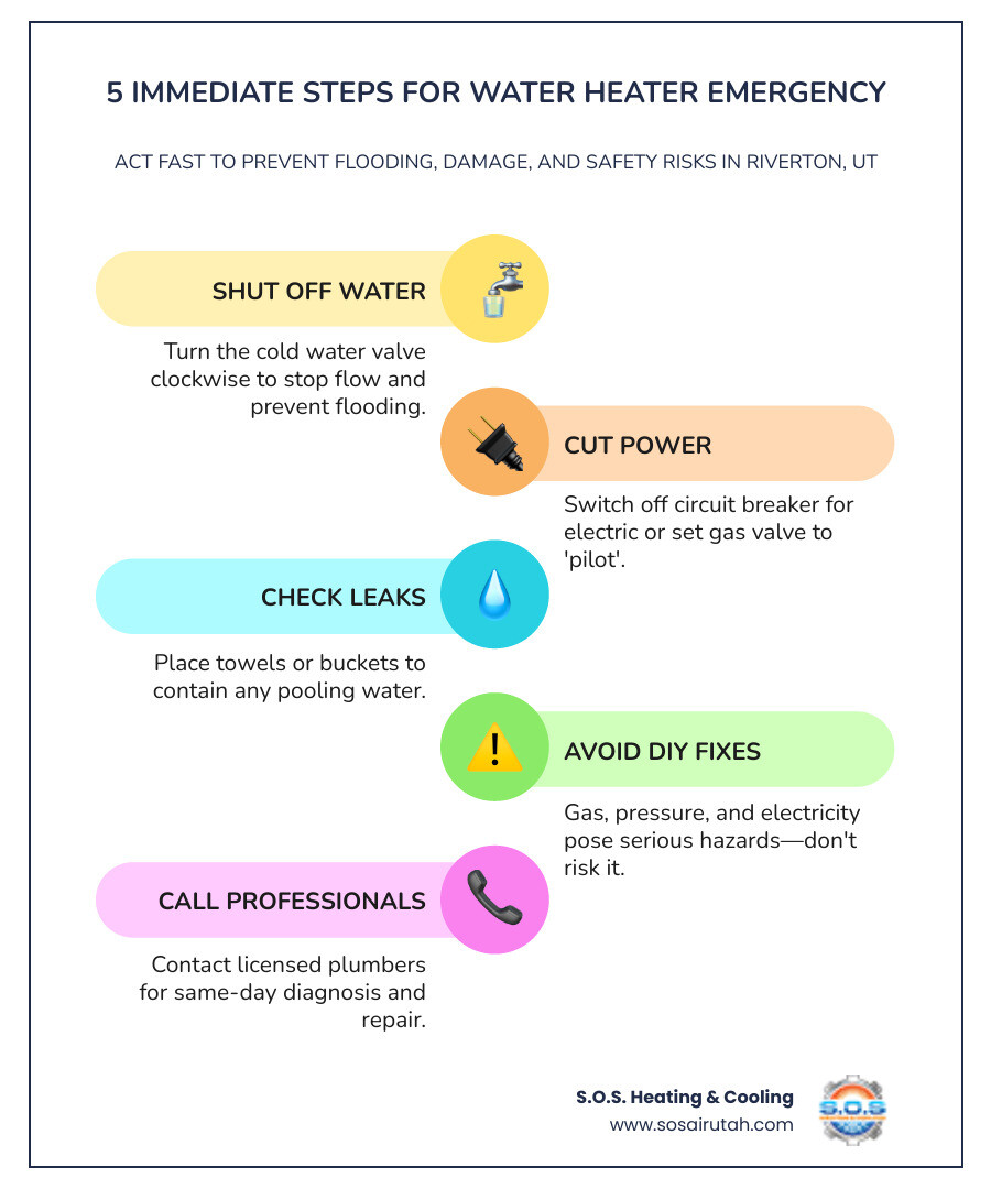 5 immediate steps infographic for water heater emergency response in Riverton UT - emergency water heater repair in 5 immediate steps infographic for water heater emergency response in Riverton UT - emergency water heater repair in