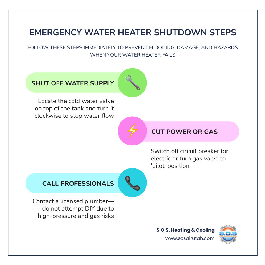 Infographic showing emergency water heater shutdown steps for South Jordan UT homeowners - emergency water heater