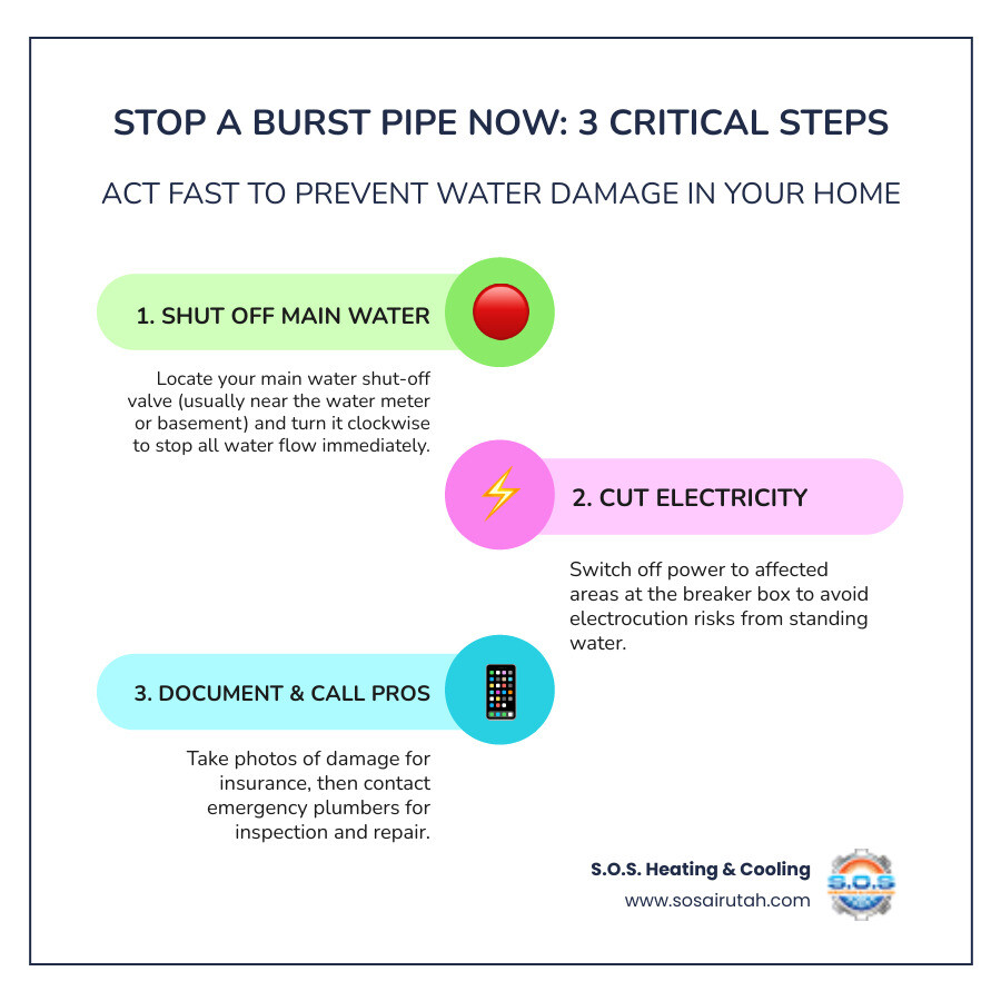 Infographic: How to shut off your main water valve and stop a burst pipe in South Jordan step by step - 24 hour pipe repair