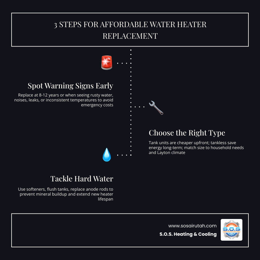 Infographic showing steps for affordable water heater replacement in Layton UT including signs to replace, unit types, hard Infographic showing steps for affordable water heater replacement in Layton UT including signs to replace, unit types, hard