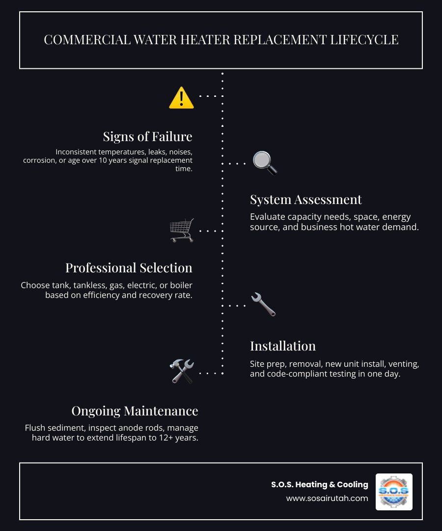 Infographic showing the commercial water heater replacement lifecycle from signs of failure to installation and maintenance Infographic showing the commercial water heater replacement lifecycle from signs of failure to installation and maintenance