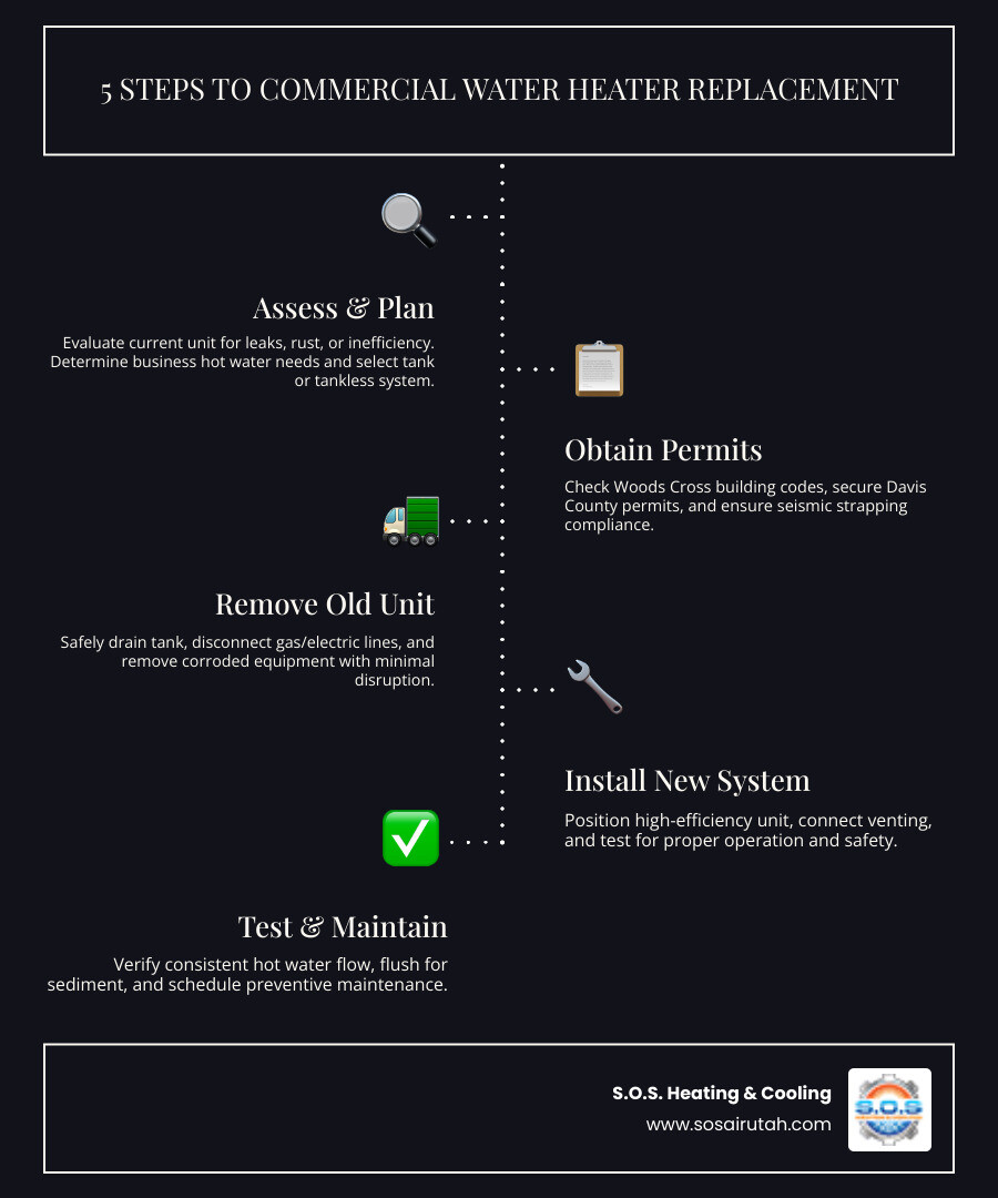 Infographic showing steps of commercial water heater replacement process in Woods Cross UT - commercial water heater