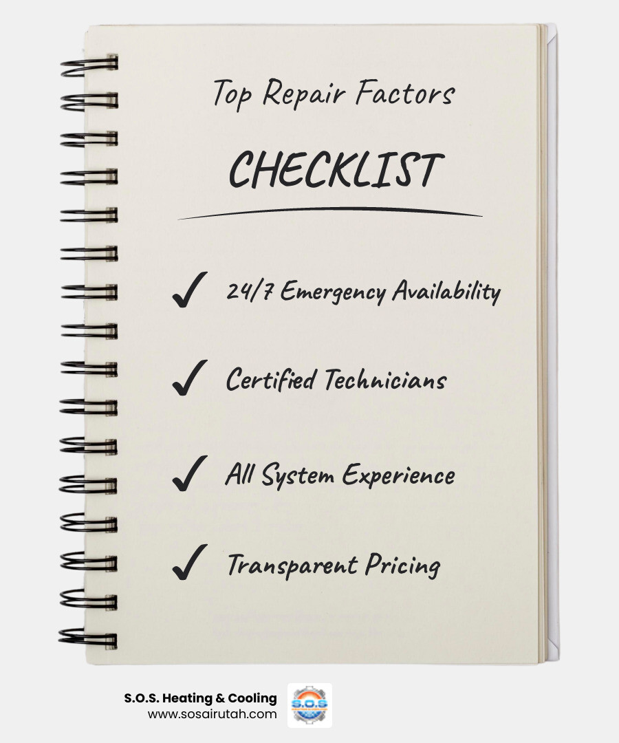 Infographic showing top factors for choosing water heater repair in Riverton UT including certifications, response time