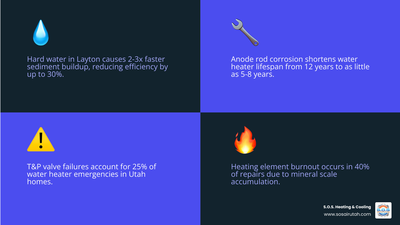 Infographic showing common water heater failure points in Utah homes including sediment buildup, anode rod wear, and T&P Infographic showing common water heater failure points in Utah homes including sediment buildup, anode rod wear, and T&P