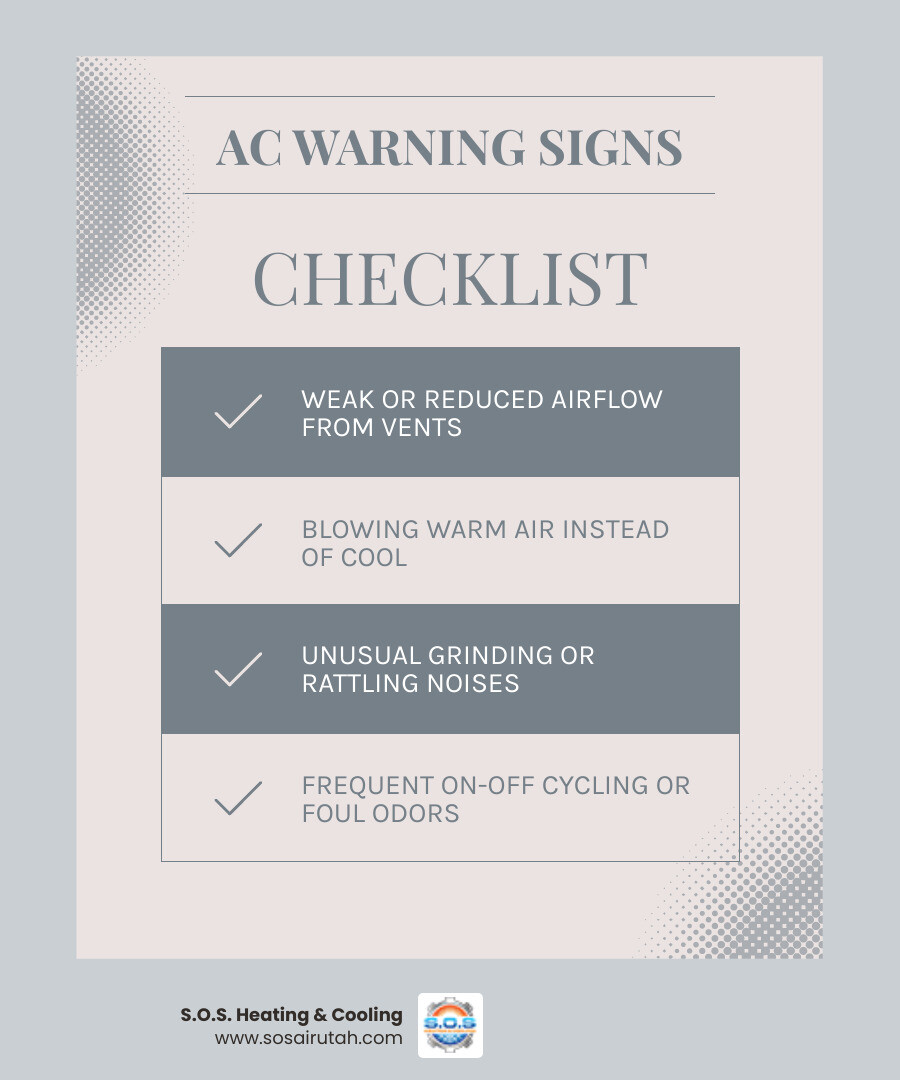 Infographic showing common AC warning signs, when to DIY vs call a pro, and key steps for AC repair in Holladay UT - ac
