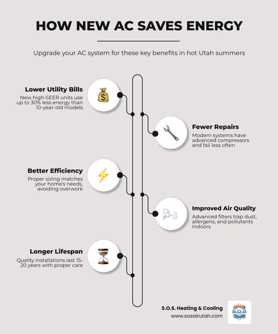 Infographic showing how new AC installations reduce utility waste and improve energy efficiency in Utah homes - ac
