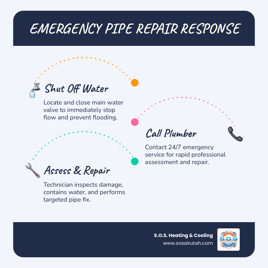 Infographic showing emergency pipe repair response process: shut off water, call plumber, assess damage, repair pipe, final
