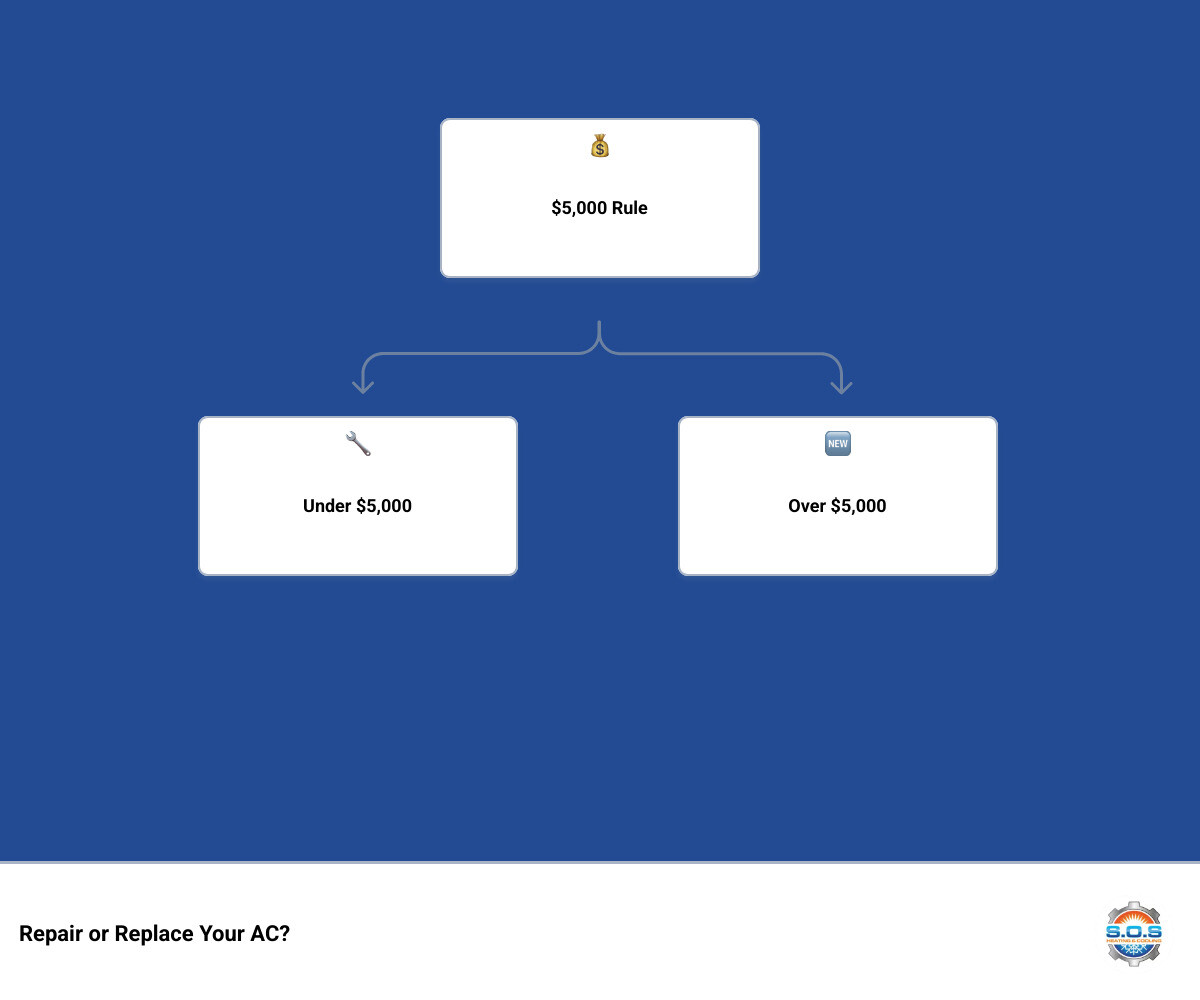 Repair vs replace AC decision tree infographic with age, cost, and refrigerant type factors - should you repair or replace