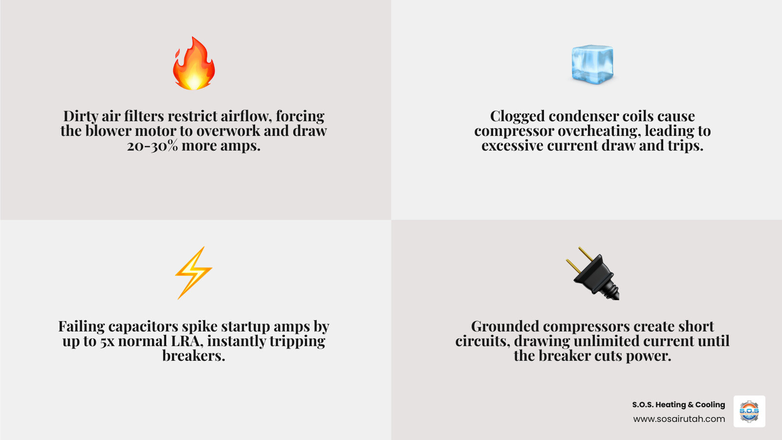 Infographic showing how AC unit draws excess current and triggers a breaker trip, with labeled causes and warning signs - ac