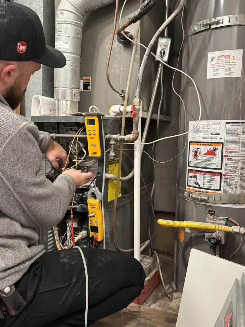 technician in a clean uniform inspecting a residential furnace with professional tools - benefits of choosing a local hvac technician in a clean uniform inspecting a residential furnace with professional tools - benefits of choosing a local hvac