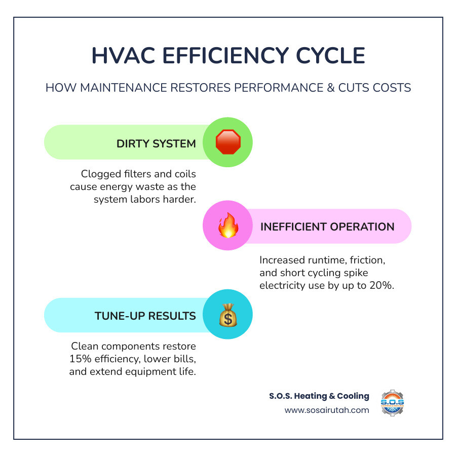 Infographic showing HVAC efficiency cycle: dirty system leads to energy waste, tune-up restores efficiency, lower bills Infographic showing HVAC efficiency cycle: dirty system leads to energy waste, tune-up restores efficiency, lower bills