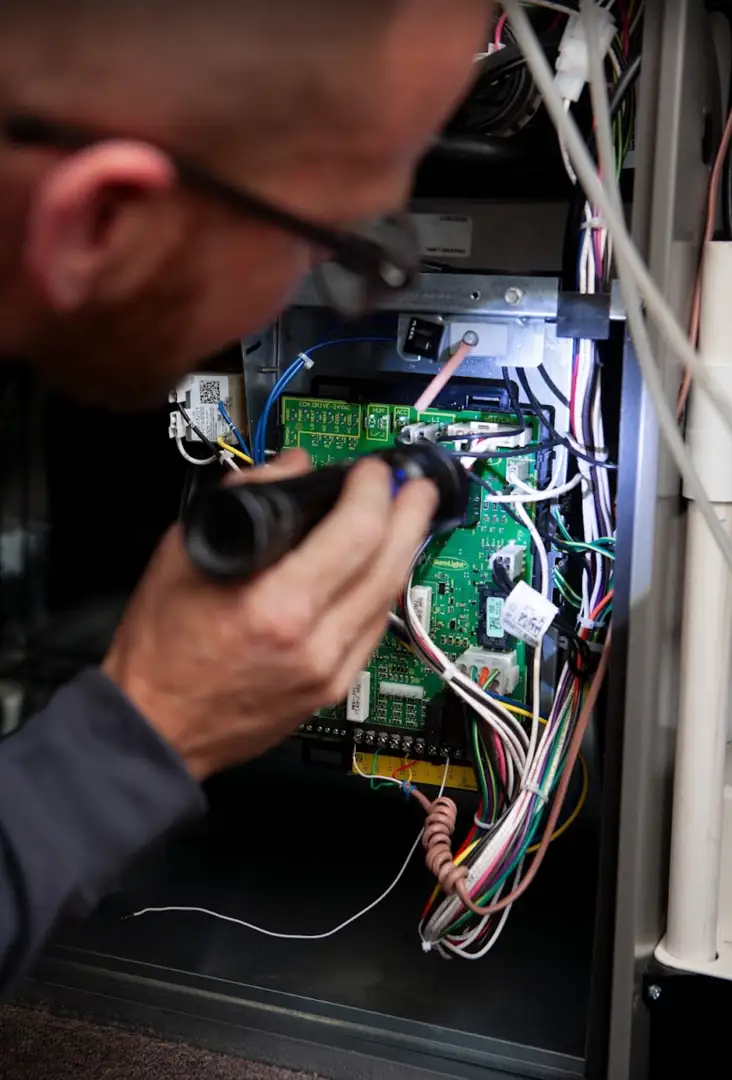 Professional HVAC technician in a clean uniform inspecting the internal electrical components of an outdoor AC unit - how to Professional HVAC technician in a clean uniform inspecting the internal electrical components of an outdoor AC unit - how to