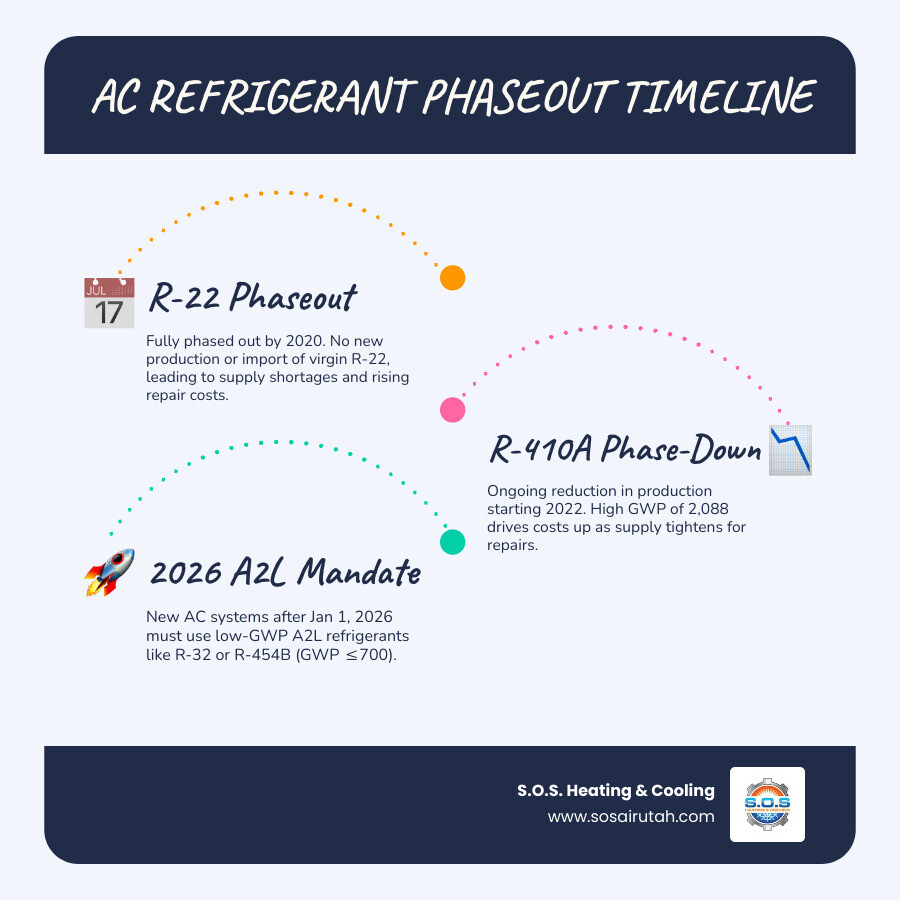 Refrigerant transition timeline infographic showing R-22 phaseout, R-410A phase-down, and 2026 A2L mandate - how ac Refrigerant transition timeline infographic showing R-22 phaseout, R-410A phase-down, and 2026 A2L mandate - how ac