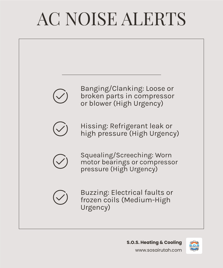 infographic showing AC noise types from normal hum to emergency sounds with urgency levels - ac making strange noises what infographic showing AC noise types from normal hum to emergency sounds with urgency levels - ac making strange noises what