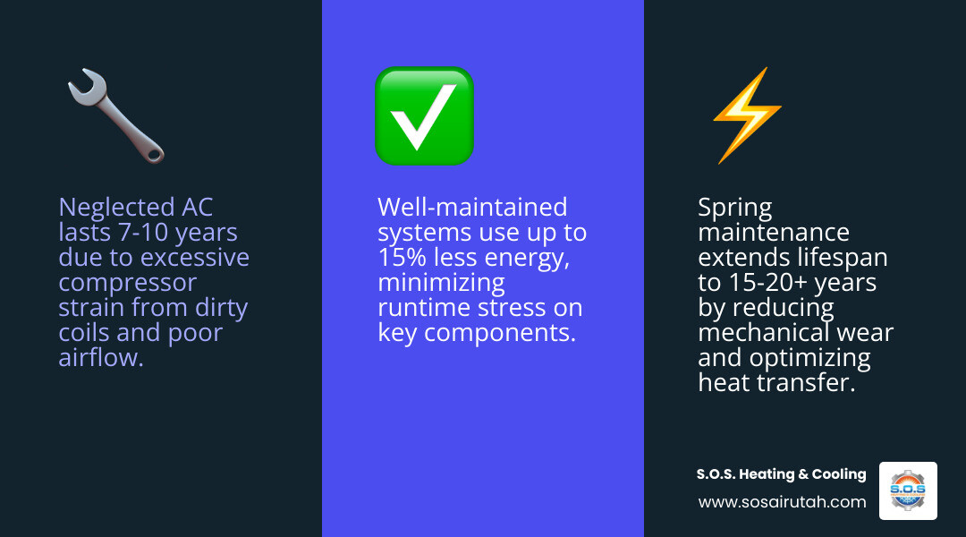 Infographic showing 10-year vs 20-year AC lifespan comparison based on spring maintenance habits - how spring maintenance Infographic showing 10-year vs 20-year AC lifespan comparison based on spring maintenance habits - how spring maintenance