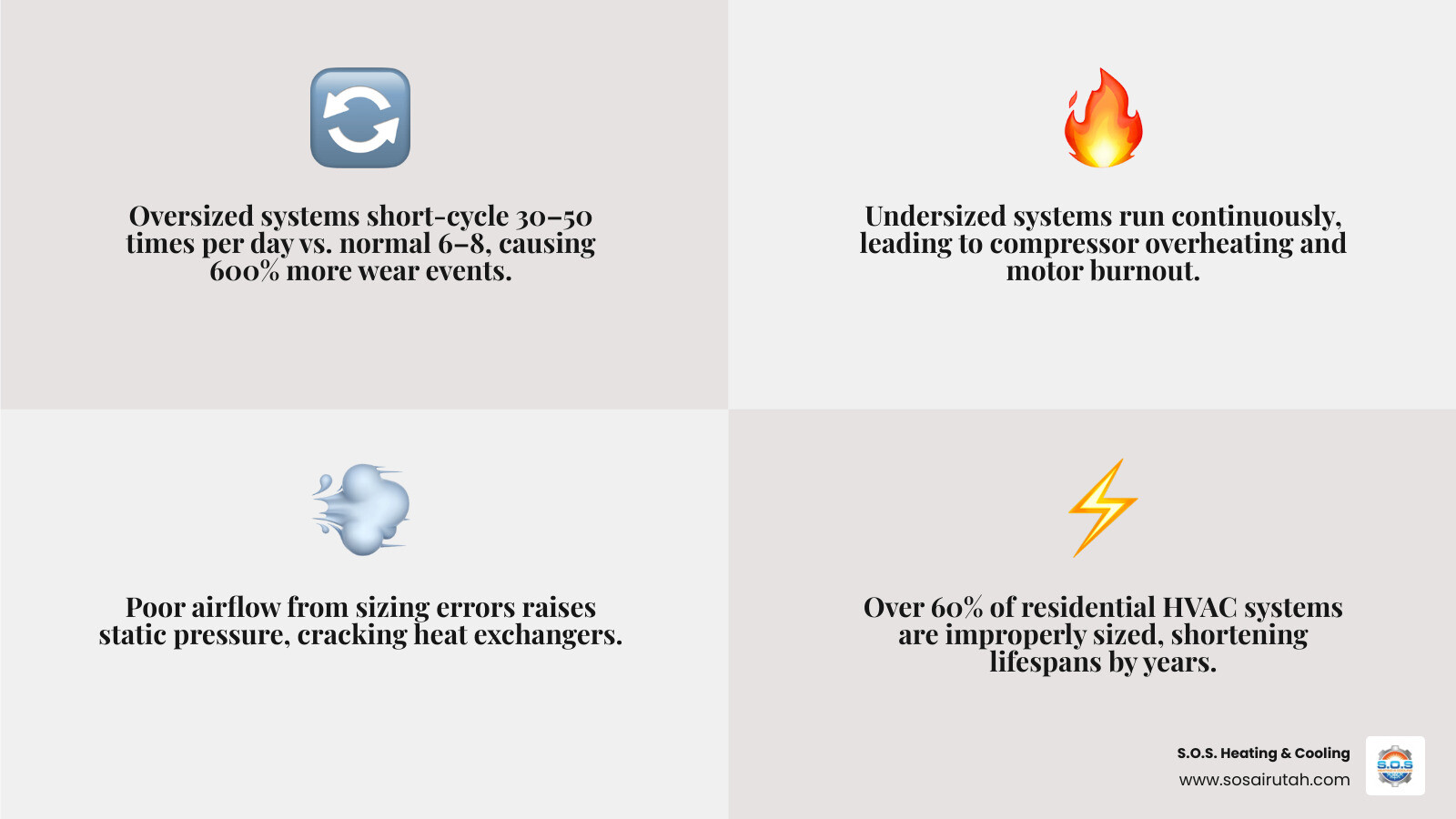 Infographic showing how oversized and undersized HVAC systems shorten equipment lifespan through short cycling and Infographic showing how oversized and undersized HVAC systems shorten equipment lifespan through short cycling and