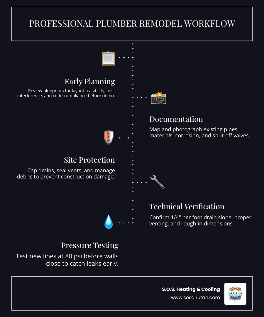 Infographic showing the professional remodel plumbing workflow from planning to pressure testing - how a professional