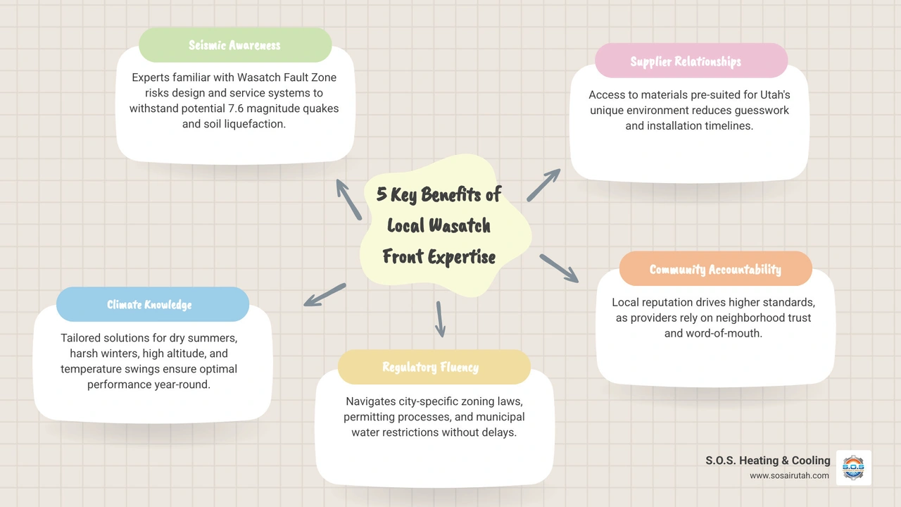 Infographic showing 5 benefits of local Wasatch Front expertise for homeowners: seismic awareness, climate knowledge Infographic showing 5 benefits of local Wasatch Front expertise for homeowners: seismic awareness, climate knowledge